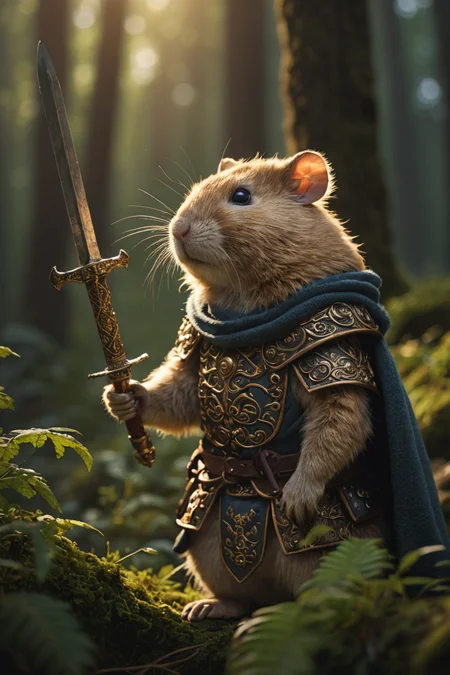 cinematic photo cinematic photo,extremely detailed fur,(holding a gleaming ornate sword:1.85),image of a wise old veteran hamster warrior wearing (shiny intricate armor:1.4) and a dark woolen cloak,haze,sparkles,glow effects,crepuscular rays,raw photo,8k,true 4k,cinematic style,rim lighting,front light,spot light,perfect lighting,chiaroscuro,professional photoshoot,intricate,ultra detailed,in an overgrown enchanted forest,moss,(beautiful flowers:1.3),ferns and vines,extremely detailed background,light shafts,bokeh,hasselblad,70mm,f/2,35mm,raw photo,schneider super cinelux,cinematic photorealistic,8k uhd natural lighting,raw,rich,intricate details,key visual,atmospheric lighting