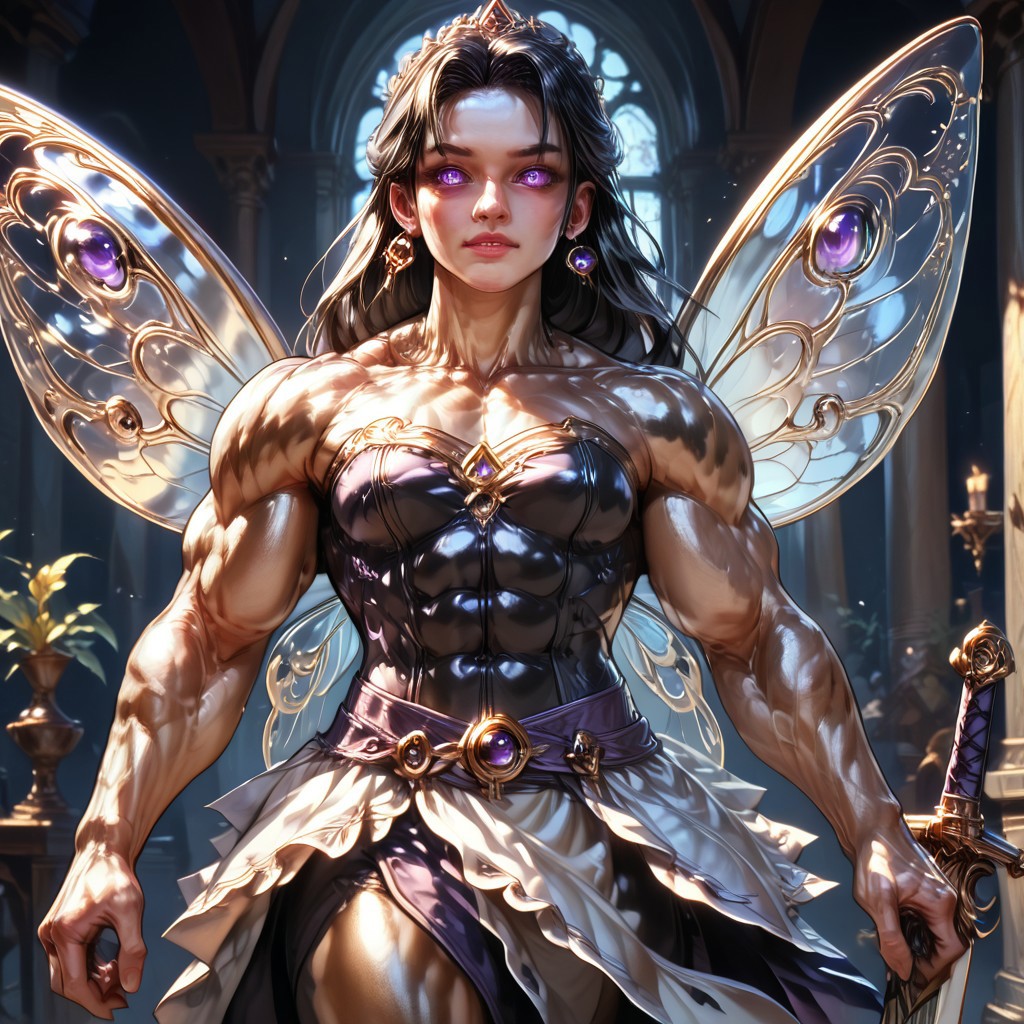 Action scene, detailed, photo realistic, hyper realistic, score_9, rating_safe, solo ((arch fey, violet eyes, (beautiful woman, white underbust corset, skirt, pants, sword belt, and holding a sword), ((bronze metallic gold skin ral-polishedsteel)), ((huge muscles, muscular shoulders, muscular thighs, muscular biceps, muscular torso, small petite breasts)), (fairy wings), (long black hair))), (standing next to a multicolored crystal throne, in a detailed throne room filled with treasures, detailed lighting), hi res, hi quality, 4k, concept art, digital art, realistic, detailed background, lens flare, pixel art, piratical beauty, great lighting