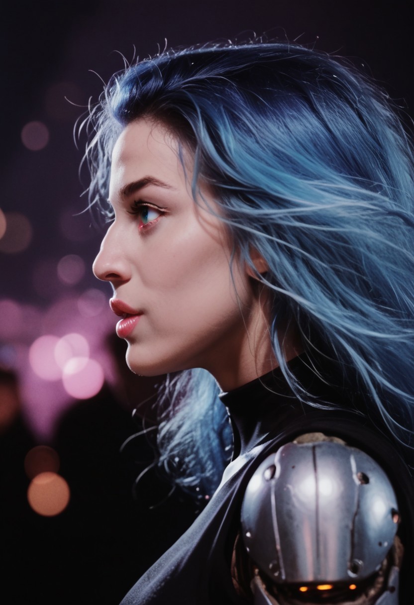 Score_9, score_8_up, score_7_up, cyborg, ar3na1989, Kodak Motion Picture Film Style, side view, profile, bignoselady, large nose, aquiline, (nose bump), 1girl, skin, skin pores, follicles, details, blue hair, (neon purple light), pop singer, (bokeh), sci-fi, dark atmosphere, moody, aesthetic, texture, (big lips)