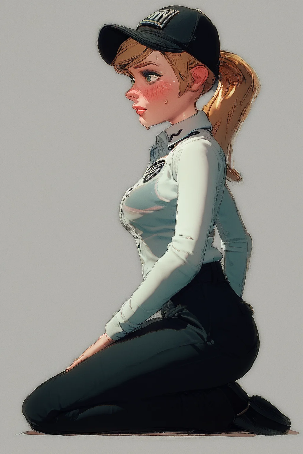 score_9, score_8_up, score_7_up, score_6_up, score_5_up, <lora:Vanessa - FNAF:1> vanessa, security cap, 3D, kneeling, sideview, from side seen, black pants, buttoned up shirt, sweating, flushed face