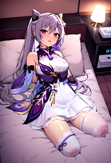 masterpiece, best quality, absurdres, very authentic, three-quarter view, 1girl, solo, full body very long hair, silence, colored inner hair, (armless amputee:1.2), (legless amputee:1.2), lying on the bed, scared, looking at viewer, indoors, dusk, backlighting, lovehotel, LHbedpanel, scenery, bed, indoors, lamp, couch, pillow, table, couch, rug, bedroom, television, pillow, phone, tissue box, box, night, white camisole, (white long translucent dress:1.5), white long dress, (purple frilled lace trimmed arm wrapper:1.4), (purple frilled lace trimmed leg wrapper:1.2), leg wound bleeding, blood on sheet, wall, window, <lora:amputee-anxl31-000089:0.8>, keqing \(genshin impact\)