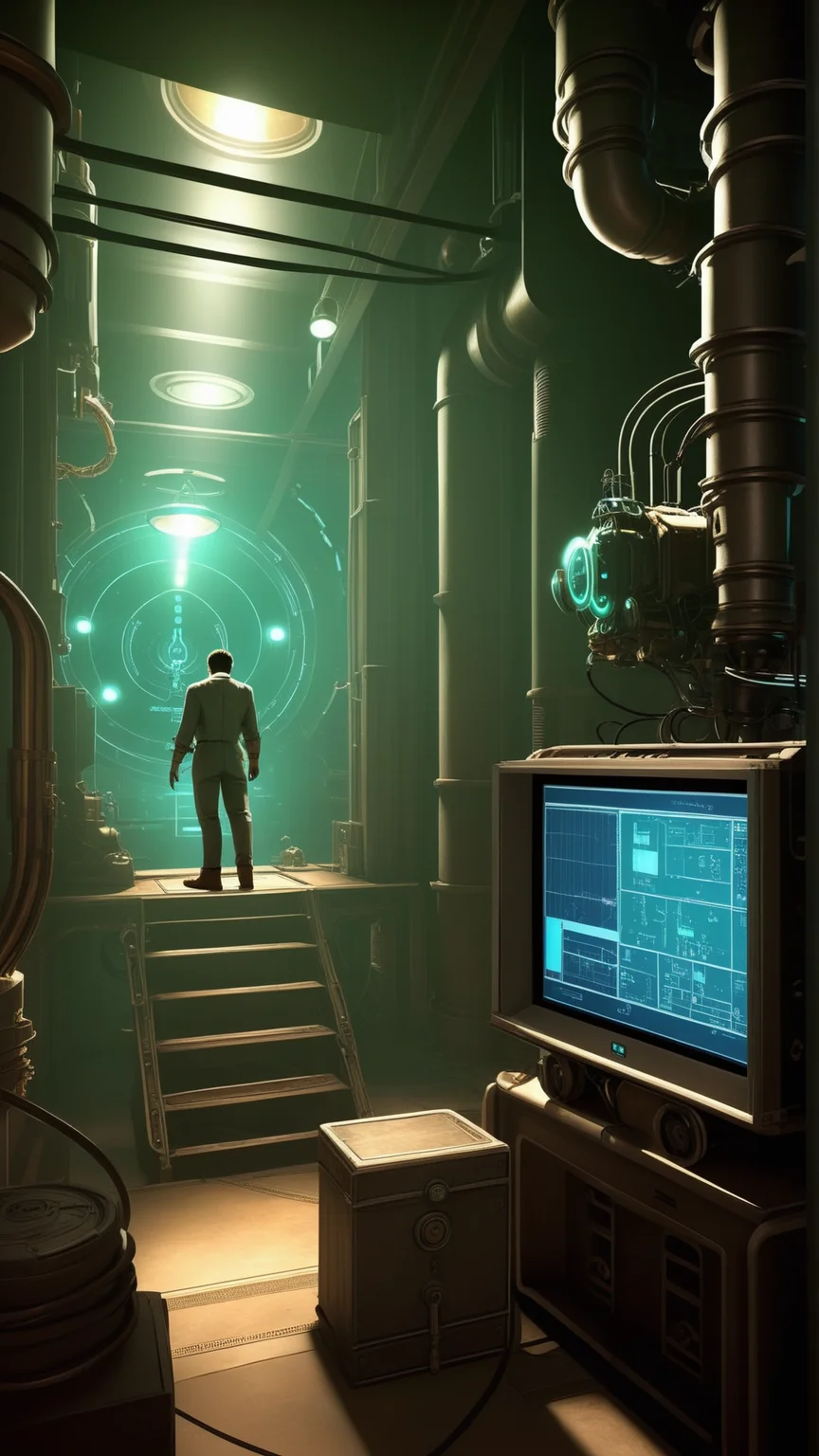 fantasy, archaeology theme, <lora:ExpeditionStyleXL:1> ExpeditionStyle looking down, solo, (full body:0.6), detailed background, detailed face, (bioshock theme:1.1), researcher, science, advanced technology, fantastical science lab in background, computers, oscilloscope, robotics, test chamber, bright lighting,