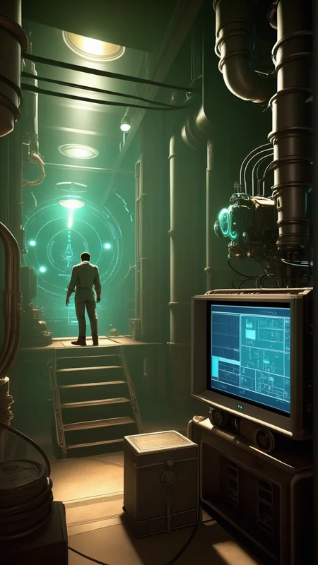 fantasy, archaeology theme, <lora:ExpeditionStyleXL:1> ExpeditionStyle looking down, solo, (full body:0.6), detailed background, detailed face, (bioshock theme:1.1), researcher, science, advanced technology, fantastical science lab in background, computers, oscilloscope, robotics, test chamber, bright lighting,