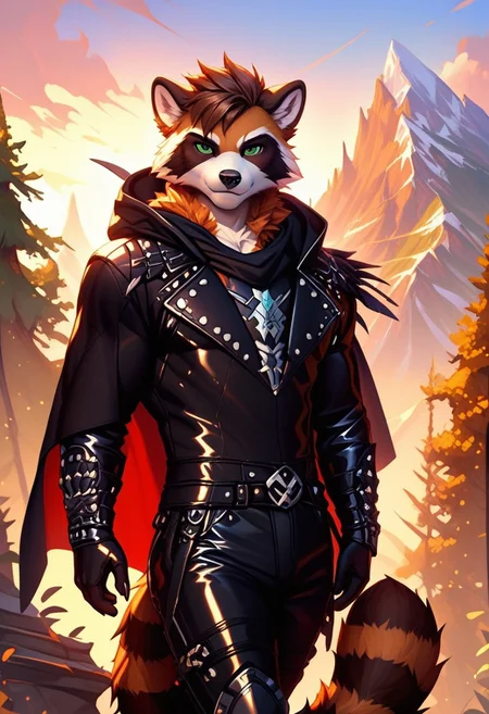 score_9, score_8_up, score_7_up,score_9, score_8_up, score_7_up, ((cowboy shot)), mountain, trees, standing, BREAK, ((High fantasy art style)), solo, male, anthro raccoon, black hooded cloak, (black leather breastplate), black leather greaves, black leather pauldrons, black leather boots, brown hair, ((detailed green eyes)), ((Masterpiece), (absurdres), (shadowy), (mysterious)