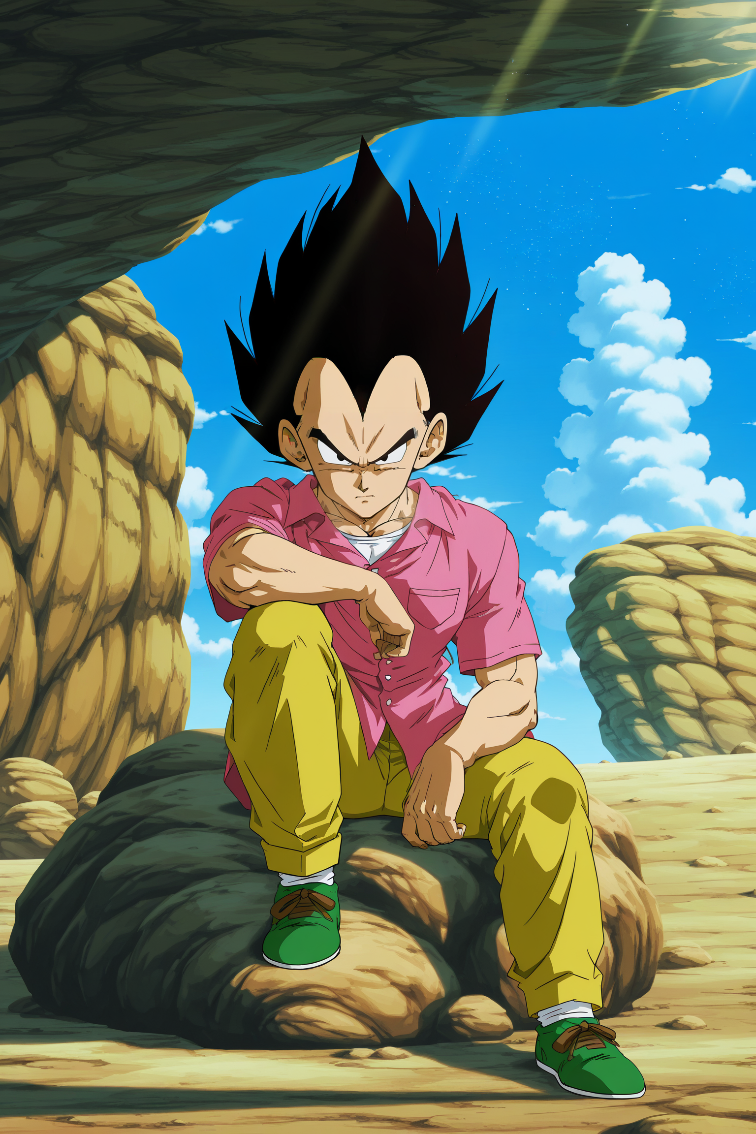anime screencap, masterpiece, best quality, amazing quality, very aesthetic, absurdres,  newest, (scenery, volumetric lighting), official style, 
vegeta, solo, looking at viewer, shirt, black hair, 1boy, sitting, closed mouth, full body, male focus, outdoors, sky, shoes, green footwear, day, collared shirt, pants, cloud, black eyes, blue sky, frown, spiked hair, pink shirt, rock, white undershirt, yellow pants, arm on knee, v-shaped eyebrows, short sleeves, dappled sunlight, light particles, 
 <lora:Vegeta_IL:0.8>