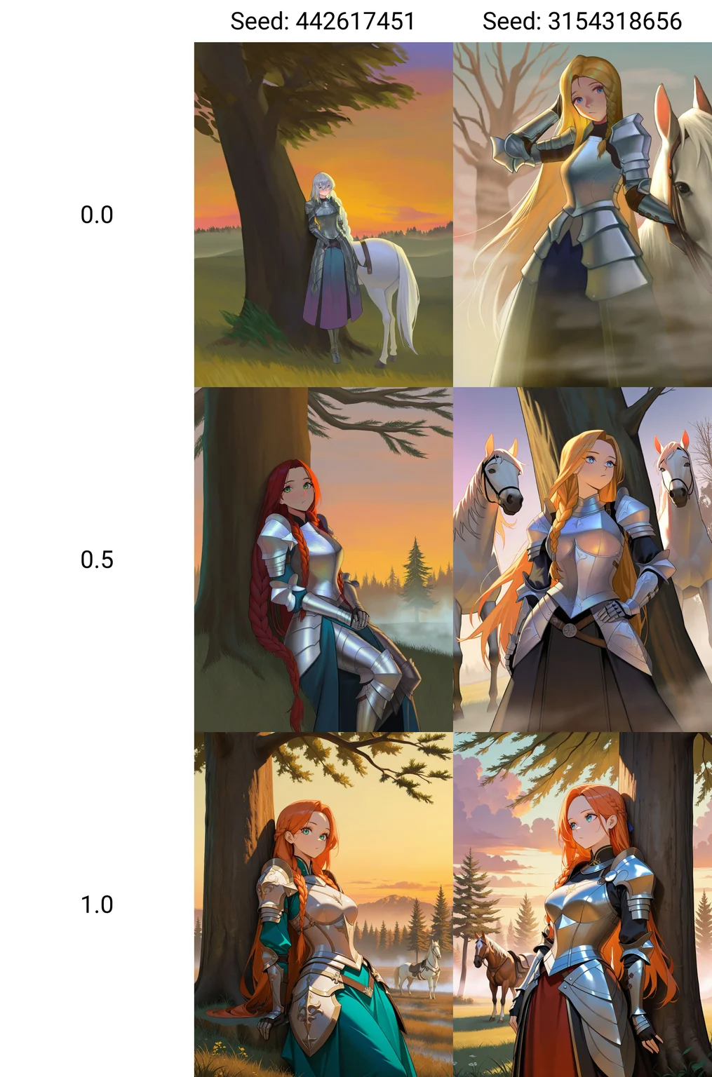 1woman, armored dress, fog, dusk wood, leaning on a oak tree, a lone white horse, braided very long hair, :/, <lora:Guiding_Light:0.0>, masterpiece, best quality, absurdres, highres