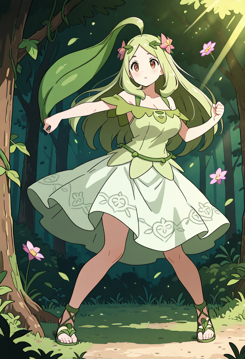 masterpiece, best quality, 1girl, solo, dynamic pose, mature female, large breasts,   zzChikorita, 1girl, solo, long silky green hair with single curled leaf-shaped ahoge, flower crown, off-shoulder pale green blouse with petal trim, layered white skirt with leaf embroidery, vine-wrapped sandals, standing in a wildflower field bathed in golden light.     ,<lora:ChikoritaPokedex_IXL:1.0>,