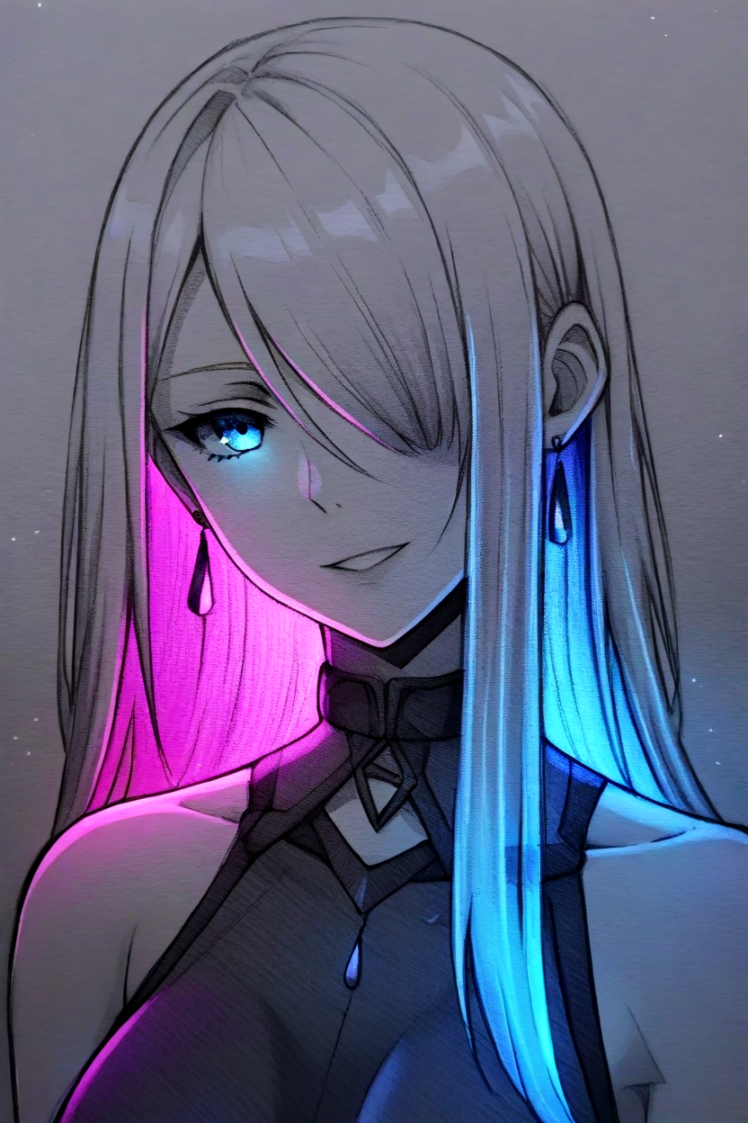 <lora:NeonSketchEffect1llust:0.8>,neonsketcheffect,glowing sketch,glowing,spot color,
portrait, 1girl, solo, long hair, looking at viewer, blue eyes, upper body, smile, breasts, hair over one eye, earrings, parted lips, bangs, jewelry, medium breasts, bare shoulders, head tilt, looking back