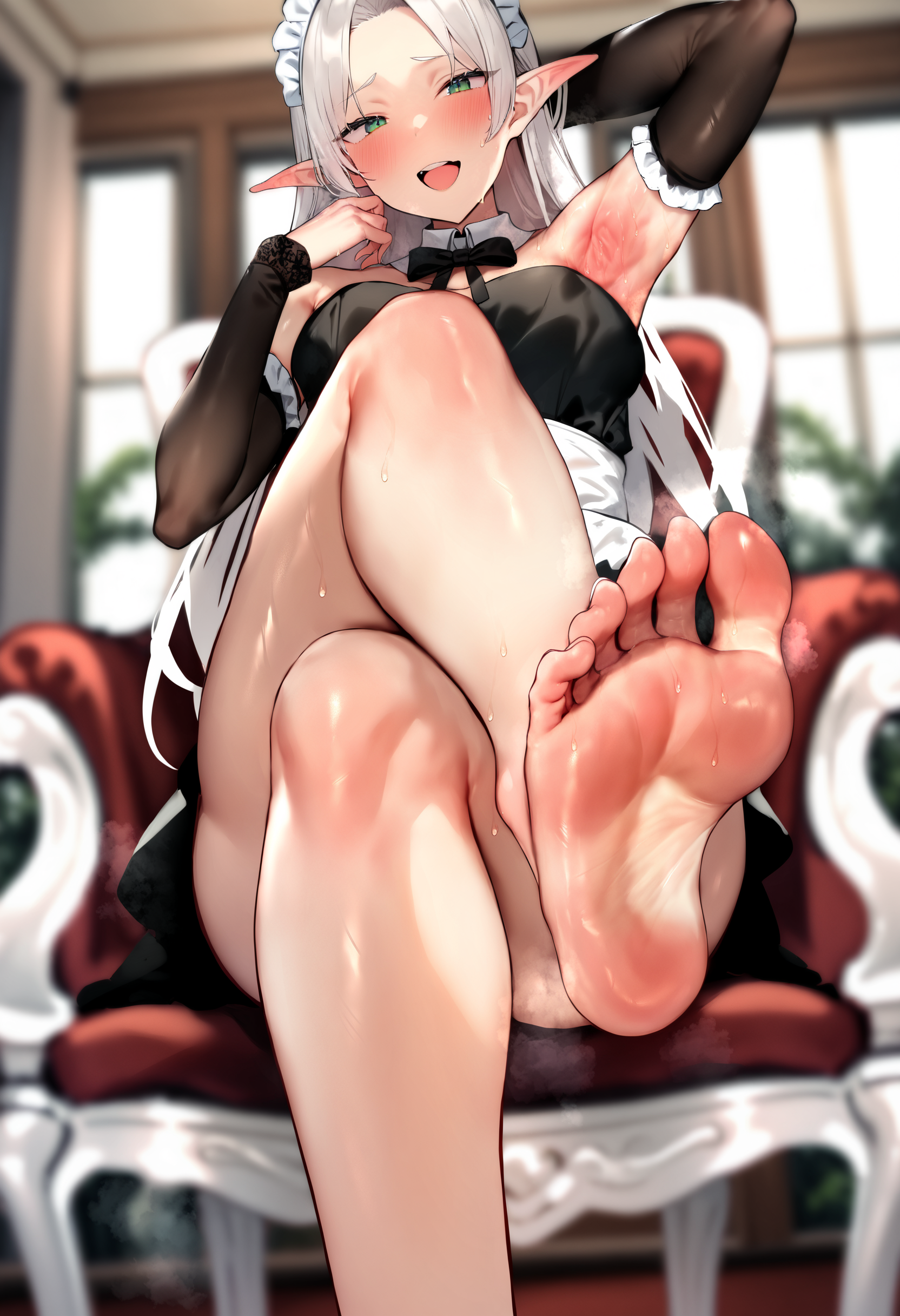 masterpiece, best quality, very aesthetic, absurdres,1girl, solo, barefoot, soles, sitting, armpits, feet, toes, long hair, green eyes, elf, crossed legs, steaming body, open mouth, maid headdress, blush, chair, detached sleeves, detached collar, sweat, smell, looking at viewer, forehead, indoors, smile, dutch angle, foot focus, blurry, shiny skin, shiny, bow, bare legs, maid, window, blurry background, white hair, very long hair, bare shoulders, steam, :d, upper teeth only, breasts, teeth
,  <lora:Yuyu_AnimagineXL_dim32:1>