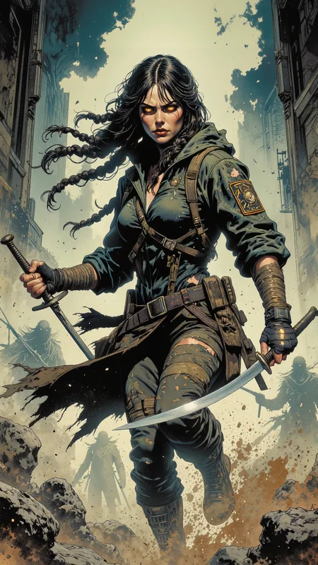 In the style of ff-td, High-resolution semi-realistic vintage comic-style illustration, a fierce young woman emerging from dense swirling fog, stance wide and ready for battle. Her long, dark hair is tied into tight, intricate braids, strands escaping as she moves, intense amber eyes glowing through the mist. She wears a torn, form-fitting tactical jacket over rugged combat pants, knee-high boots kicking up dust, fingerless gloves gripping the hilt of a curved blade. Shadows of unseen enemies loom in the fog, their silhouettes barely visible, while streaks of dim light cut through the haze. Thick inked outlines, bold cross-hatching, and dramatic contrast enhance the vintage comic aesthetic, raw energy radiating from the scene, capturing a moment of fearless intensity <lora:Vintage_comic_book:0.8> <lora:ILLUSTRATION_(FLUX)_-_V3.1:0.4> <lora:Techno_Digitalis:0.6>