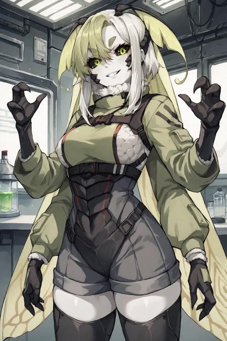 score_9, score_8_up, score_7_up, score_6_up, score_5_up, score_4_up, source_anime, rating_safe, sci-fi, laboratory, 1girl, solo, cowboy shot, (smile:0.7), lunesuit, looking at viewer, (extra arms:0.6),
<lora:JuniperActias:1> juniperactias, pale skin, black sclera, (green eyes:0.8), [black thighhighs, black gloves::2]