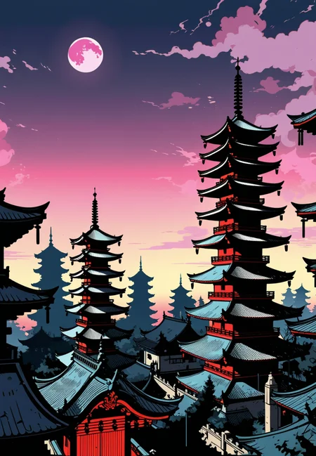 (epic:1.2), trending on artstation, (high quality:1.2), (masterpiece:1.2), high details, incredibly absurdres, colorful), (Manga Style:1.29), (Mike Mignola Art:1.27), (Vector Style, Sharp Edges:1.16), Gothic Art:1.33), (Synthwave Style:1.33), (Abstract Exprssionism:1.25), (Point-of-view shot:1.31) (comp_bottom:1.19) ,, (object: (,mug:1.31)) , , (location:(pagoda:1.12))