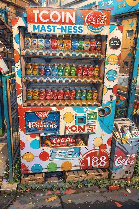(masterpiece:1.3),(best quality:1.3),highres,vivid_color,colorful,ultra-detailed,masterpiece,extremely detailed CG unity 8k wallpaper,best quality,scenery,outdoors,<lora:Detailed_Places_R-128_v1:0.7>,no humans,vending machine,can,outdoors,road,coca-cola,soda can,english text,