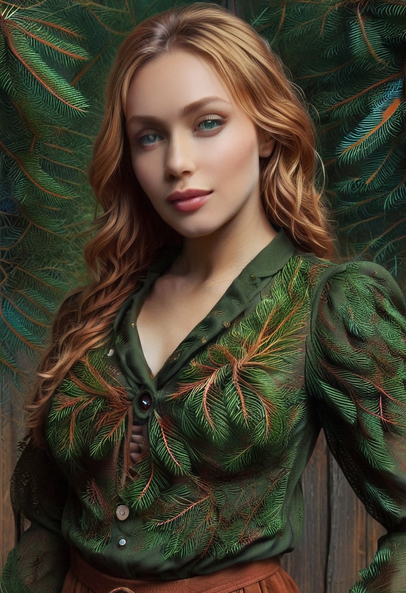 dawn, dark pine forest, colorful dress, perfect picture, (anatomically correct:1.7), score_9, score_8_up, score_7_up, score_6_up, score_5_up, score_4_up, UHD, 8K, masterpiece, detailed, ultra_high_resolution, lots of detail, OverallDetailXL, detailxl, Sci-fi Environments, epiCPhotoGasm-colorfulPhoto. style-empire, colorful style, 1woman, curvy, narrow waist, full lips, (red lips), flowing hair, (natural  eyes:1.3), full smile, mature female, milf, motherly. 32 years old, fir needles, fir needle style, fir needle, (long skirt made out of fir needles and pine cones:2), (long skirt:2.2), (fully dressed:2), (covered body:1.8), (fully covered breasts:1.5), high neck closure, add-detail-xl, short puffy sleeves, Cambodian woman, long hair, light brown hair, small waist, wide hips, high cheekbones, golden glow, (Bobbie Coppers:1.7), (blouse made out of  fir needles:2).