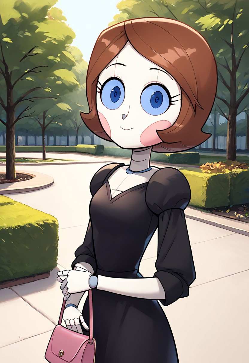 1girl, score_9, score_8_up, score_7_up, Polly, Brown Hair, Short Hair, Blue Eyes, Elegant black dress, Blush Stickers, Android, Joints, outdoors, park, super cute, holding purse, looking at viewer, wholesome, detailed, masterpiece, perfect hands