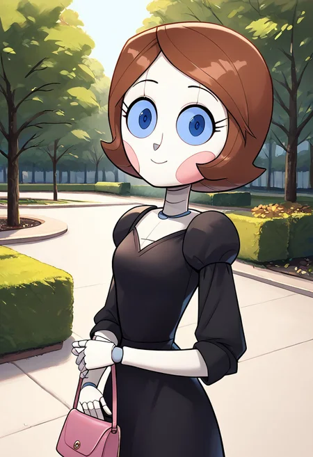 1girl, score_9, score_8_up, score_7_up, Polly, Brown Hair, Short Hair, Blue Eyes, Elegant black dress, Blush Stickers, Android, Joints, outdoors, park, super cute, holding purse, looking at viewer, wholesome, detailed, masterpiece, perfect hands