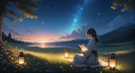 (masterpiece, top quality, best quality, official art, beautiful and aesthetic:1.2)
1girl, sitting on grass, holding a book, night, nighttime sky, lantern lighting up immediate area, stars, end of sunset, colorful sky, peaceful, flowers, fireflies, highly detailed, wide shot,
highres, ultra high res, 4k, 8k, intricate detail, cinematic lighting, amazing quality, wallpaper <lora:aesthetic_anime_v1s:1.2> <lora:fiasco_A1:1>