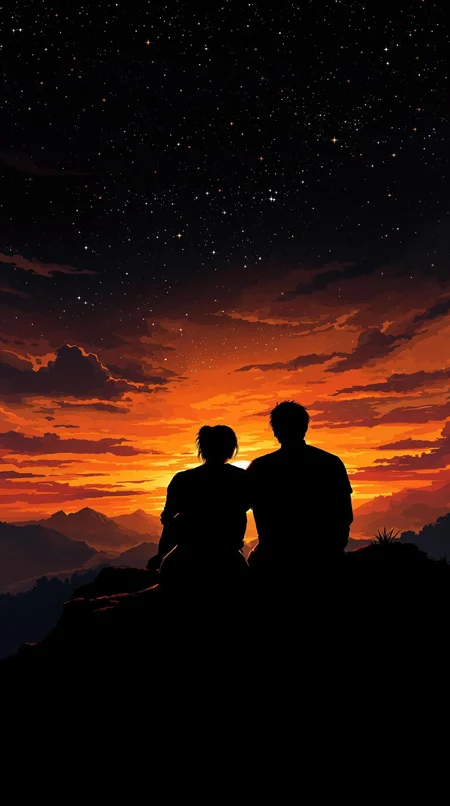 A cinematic digital painting of two silhouetted figures, possibly a couple, sitting side-by-side on a rocky outcrop. The man has his arm around the woman, and they are smoking and gazing at a breathtaking sunset filled with stars. The sky is dominated by warm colors such as oranges, reds, and purples. The figures are set against a deep black background with floating stars. The image has a slightly melancholic mood.