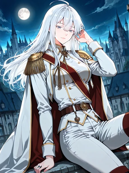 <lora:Varay_Aurae__The_Beginning_After_The_End__Illustrious:1>
1 girl, solo, grey eyes, white hair, long hair, bangs, hair between eyes, ahoge, scar above right eye
military uniform, white cape, epaulettes, ring, jewelry, white pants, long sleeves, thighhighs, belt, white jacket, red sash
score_9, score_8_up, score_7_up, very aesthetic, source_anime, detailed, high quality, beautiful, masterpiece, detailed eyes, castle, village, blurry background, cityscape, pose dynamic angle, light smile, open mouth, hand on hair, sitting, night, silver moon, <lora:iLLMythG0thicL1nes:1>