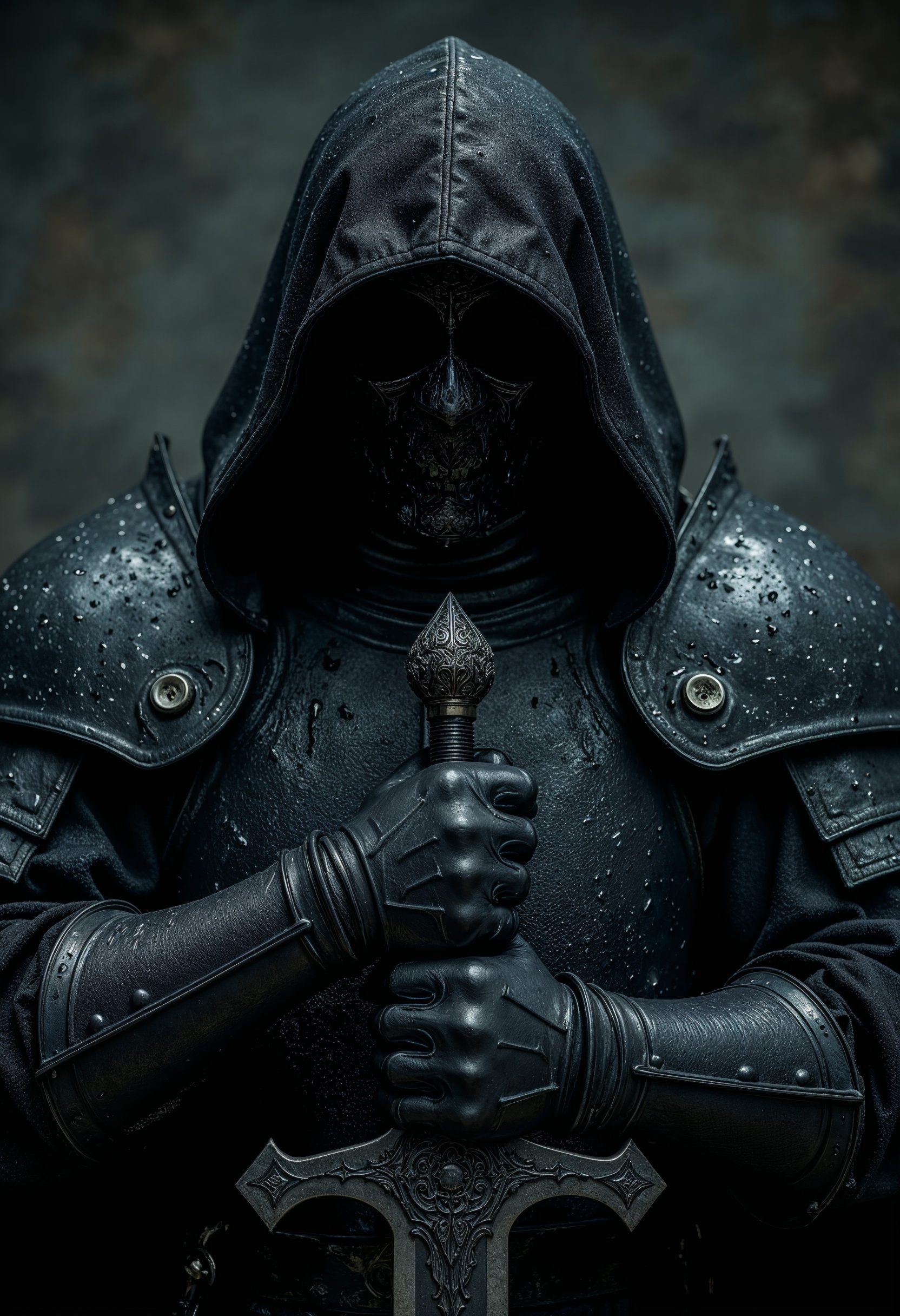 R3alism, A mysterious, hooded figure. The figure is clad in intricately detailed black armor, adorned with ornate patterns and textures that suggest a gothic or medieval style. The hood obscures the face, casting deep shadows that enhance the enigmatic presence. The figure's hands, covered in armored gauntlets, grip the hilt of a large, menacing sword. The sword's blade is partially visible, reflecting a cold, metallic sheen. The background is blurred, emphasizing the central figure and adding to the atmospheric, moody tone of the composition. Water droplets are visible on the armor, suggesting a recent rain or mist, adding a dynamic element to the scene.  <lora:FluxMythR3alism:1>