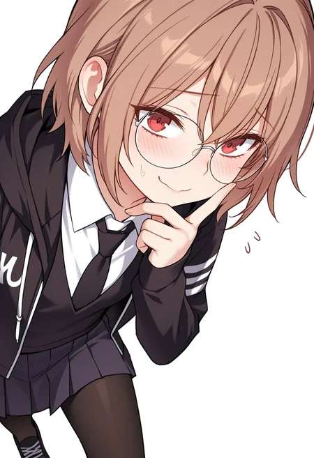 Smooth Quality,masterpiece,very intricate, high quality details, ultra realistic, high detailed skin,detailed enviorement,absurdres,
nervous, nervous smile, v over mouth,
<lora:Young-Joo_CNR:0.8> young_joo_cnr, 1girl, brown hair, short hair, red eyes, glasses, young_juniform_cnr, school uniform, black jacket, white shirt, collared shirt, black necktie,hoodie, pleated skirt,black pantyhose, black footwear,, simple background, white background, dutch angle,solo,