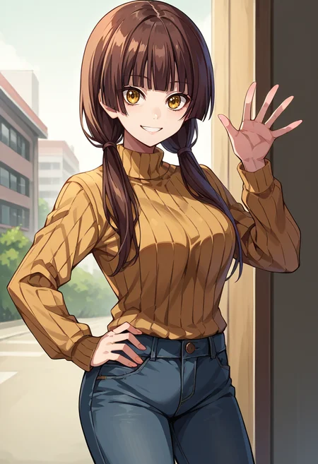 score_9, score_8_up, source_anime, 1girl, solo, HarumiTaniguchi, yellow eyes, brown hair, long hair, low twintails, blunt bangs, blunt ends, outdoors, sweater, ribbed sweater, jeans, hand on hip, waving at viewer, smile, <lora:ChamHarumiTaniguchiPonyXL:1>
