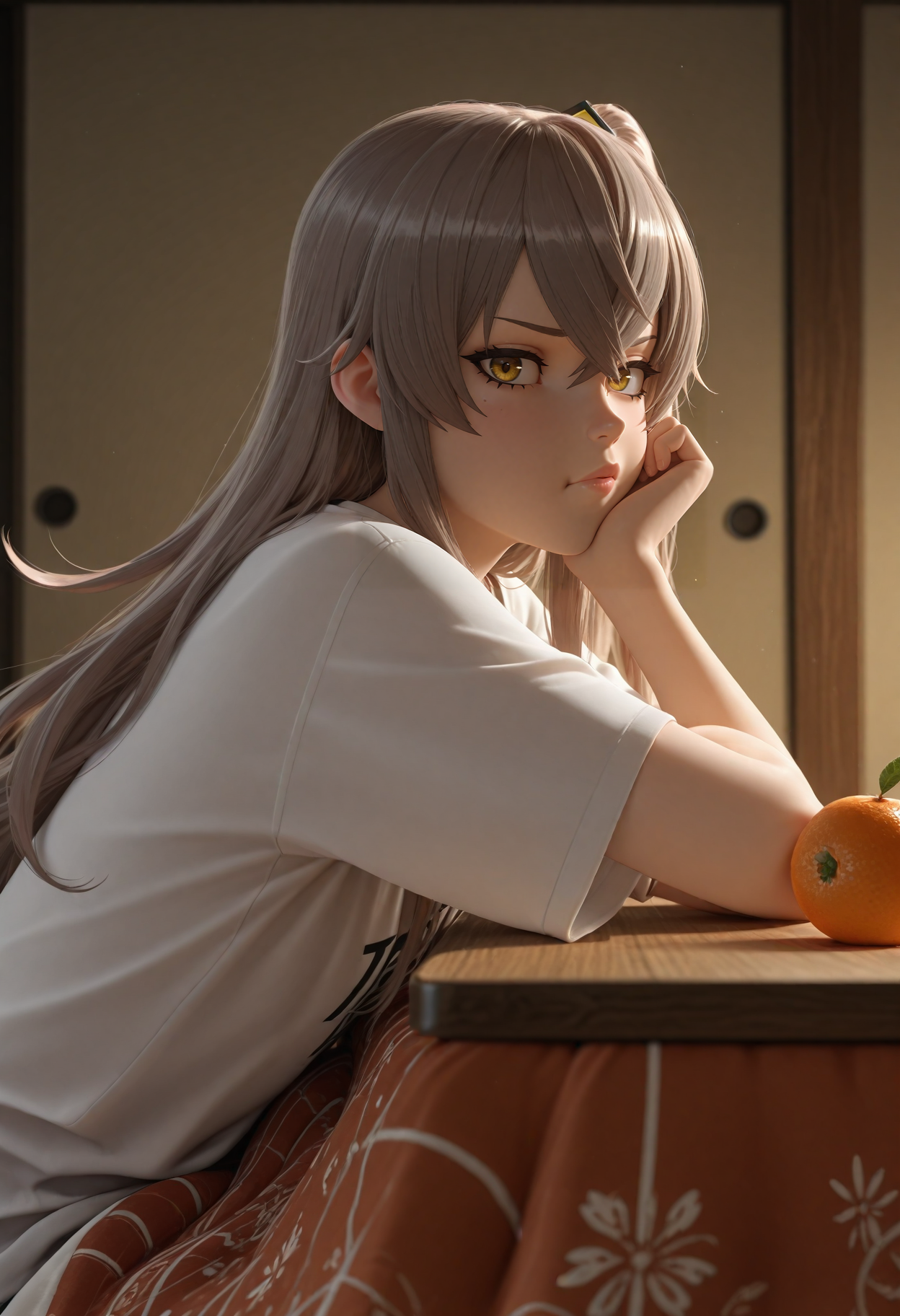 masterpiece, best quality, amazing quality, absurdres,
0v3rw4tch, 3d, lips, nose, 1girl, ump45 \(girls' frontline\), white t-shirt, oversized clothes, loose clothes, kotatsu, under kotatsu, orange \(fruit\), from side, head on table, head rest, pout, looking at viewer, looking to the side, indoors
<lora:sdxl_lightning_8step_lora:1> <lora:V2_Overwatch_Style:1>