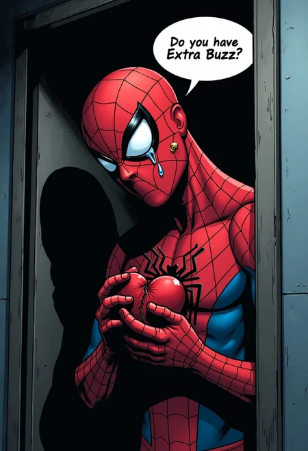 A melancholic, yet captivating scene of spiderman crying and holding a broken heart in his hands near his chest with tear drops coming from his eye and looking at viewer and a text bubble that reads "Do you have Extra Buzz? 😥 ", the scene is set in a homeless shelter, comic art. sadness, bruises' on his face, at the door