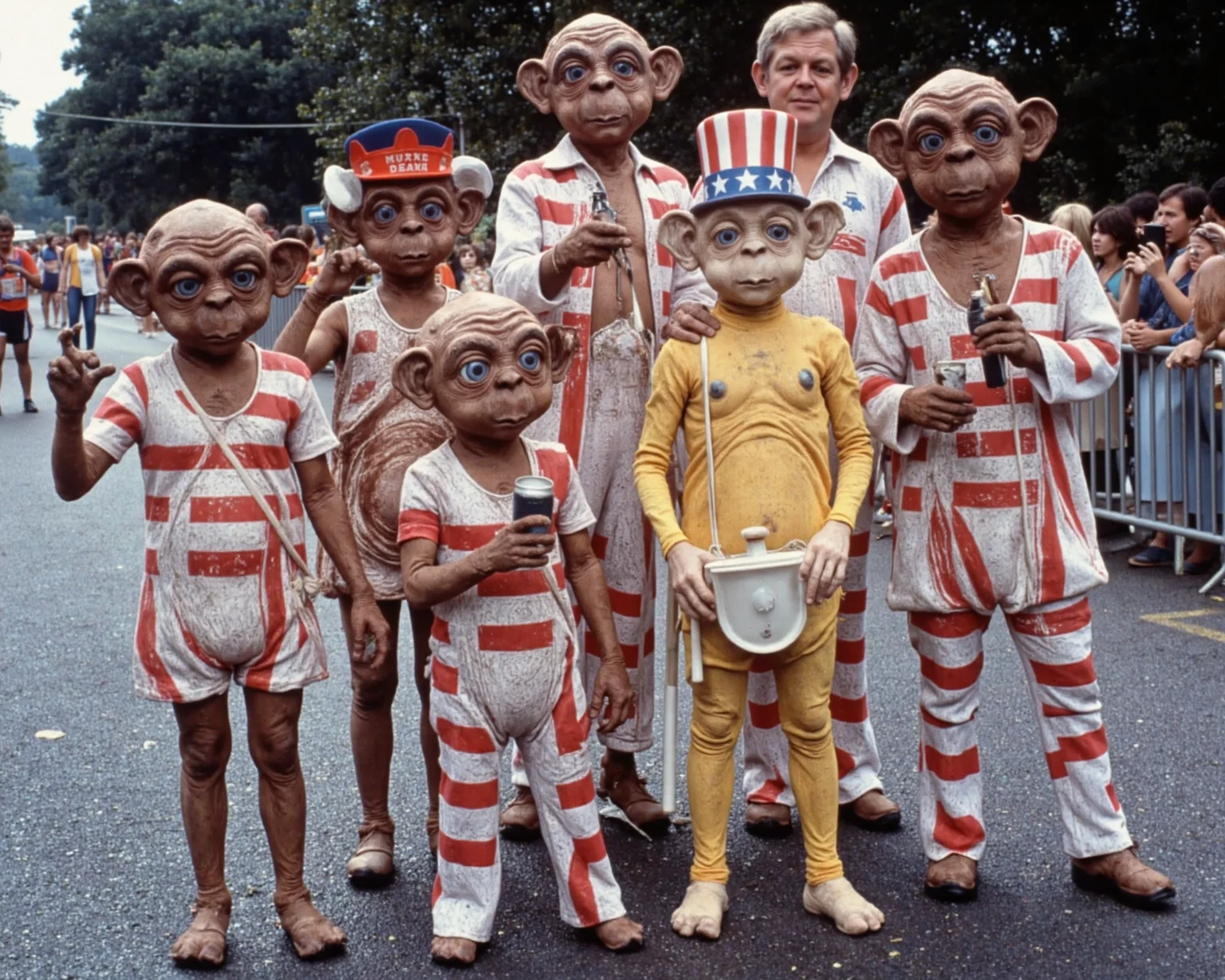 A highly detailed photo of a diverse fashionable menagerie of alien and ET the extra-terrestrial alien races and species, of different body shapes and sizes, various faces and heads, differing neck lengths, wearing a rainbow of radioactive glowing plaid USA leisure suits, short and tall, fat and thin, ears and no ears, different eye colors, in a parade celebrating the USA bicentennial in 1976. Mac with pointy elven ears, Nukie round ears, only ET does not have ears, beer can Mac, stoned Nukie, Uncle Sam ET, tri-corner hat Nukie, fat ET, Mac the knockoff extra terrestrial.