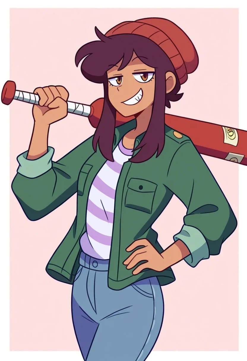 masterpiece, best quality, highres, amaruu, pastel colors, BREAK, betaluz, 1girl, solo, dark-skinned female, brown eyes, brown hair, short hair, long bangs, red beanie, green jacket, open jacket, striped shirt, jeans, smug, looking at viewer, grin, red baseball bat, holding weapon, over shoulder, hand on hip, walking, cowboy shot, side view