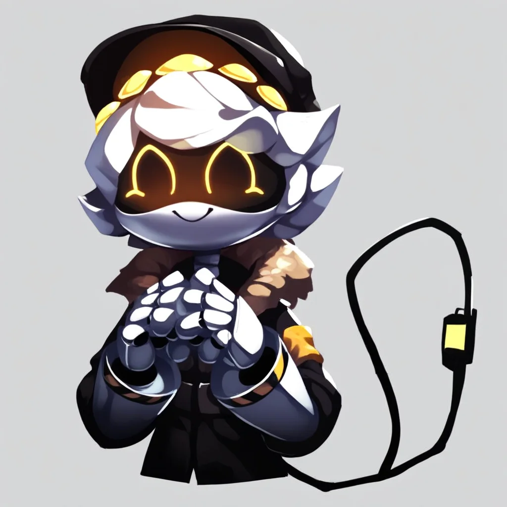 score_9, score_8_up, score_7_up, score_6_up, score_5_up, score_4_up, source_cartoon, 2D, sfw, half body, SerialDesignationN, Robot, Yellow Eyes, Screen Eyes, Yellow Visor, Coat, Hat, Pilot Cap, :), smile, closed mouth, tail, stinger tail, cute, simple background