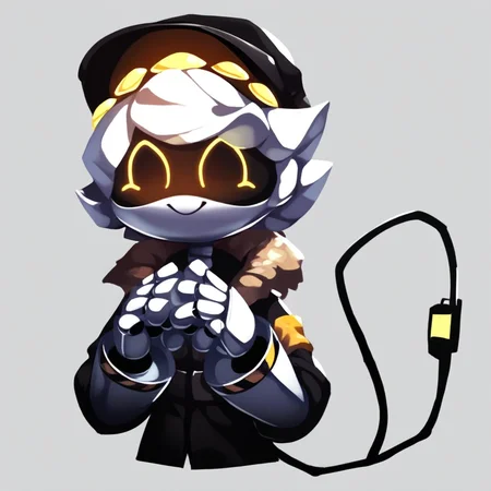 score_9, score_8_up, score_7_up, score_6_up, score_5_up, score_4_up, source_cartoon, 2D, sfw, half body, SerialDesignationN, Robot, Yellow Eyes, Screen Eyes, Yellow Visor, Coat, Hat, Pilot Cap, :), smile, closed mouth, tail, stinger tail, cute, simple background