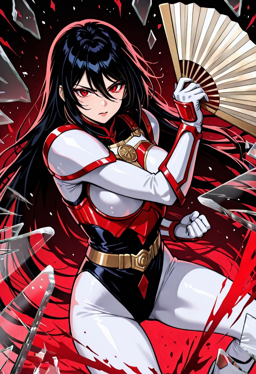 anime, solo, 1 woman, 1girl, solo, mature female,
sazermithras, white bodysuit, black leotard, belt, armor, white gloves, gauntlets,<lora:Sazer_Mithras:1>,
black hair, very long hair, hair between eyes, red eyes, tsurime,large breasts, action pose, badass pose, fighting stance,hand fan, folding fan,righthand holding fan, weapon, holding weapon,shattered mirror effect,(masterpiece:1.3), best quality, high resolution, (illustration:1.2), limited palette, ink splatter, monochromatic colors with color splat,v2.0, glass shards, reflection, broken glass, confidence, perfect hand,dutch angle