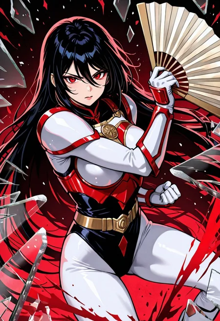 anime, solo, 1 woman, 1girl, solo, mature female,
sazermithras, white bodysuit, black leotard, belt, armor, white gloves, gauntlets,<lora:Sazer_Mithras:1>,
black hair, very long hair, hair between eyes, red eyes, tsurime,large breasts, action pose, badass pose, fighting stance,hand fan, folding fan,righthand holding fan, weapon, holding weapon,shattered mirror effect,(masterpiece:1.3), best quality, high resolution, (illustration:1.2), limited palette, ink splatter, monochromatic colors with color splat,v2.0, glass shards, reflection, broken glass, confidence, perfect hand,dutch angle