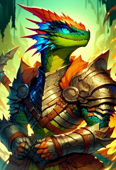 score_9, score_8_up, score_7_up, lizardfolk, metal armor, Flashfire glowing runes blue and green,