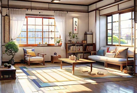 ((front view)), ((Japanese animation style)), modern-style interior, with white walls, (large windows), Nordic-style furniture, a  study, Sofa, coffee table, bookcase, single wall, 
warm light morning sun, (the view of the city)