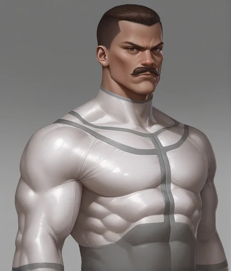 masterpiece, best quality, absurdres, realistic, solo, 1boy, <lora:Stellaris:1> st portrait, crew cut, brown hair, brown eyes, serious, mustache, frown, <lora:Viltrumite_Outfit:1> viltrumite_bodysuit, white bodysuit, grey trim, upper body, muscular, muscular male, abs, looking at viewer, simple background, gradient background,