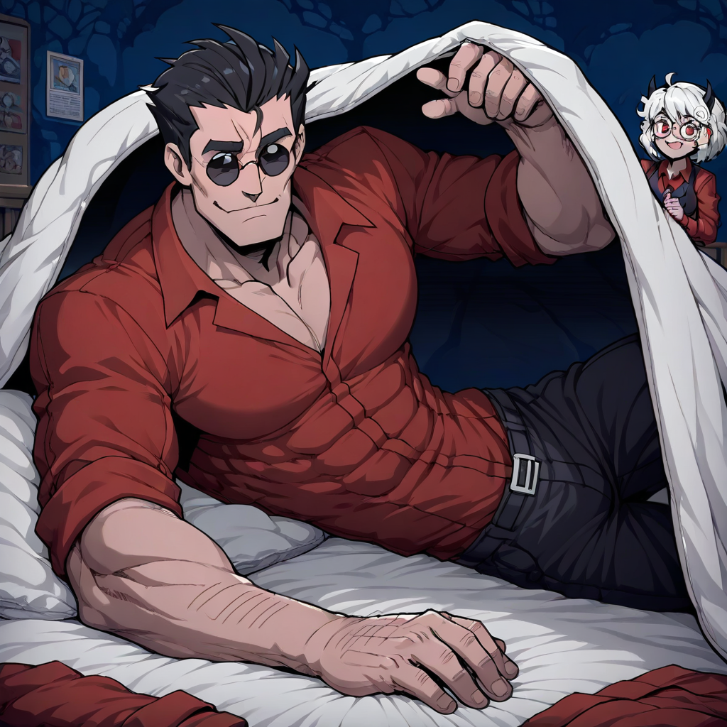 masterpiece, best quality, newest, absurdres, highres, anime, anime style, BINV-V1.0, bed invitation, cover, under covers, 1boy, helltaker \(helltaker\), black hair, short hair, muscular, muscular male, sunglasses, glasses,