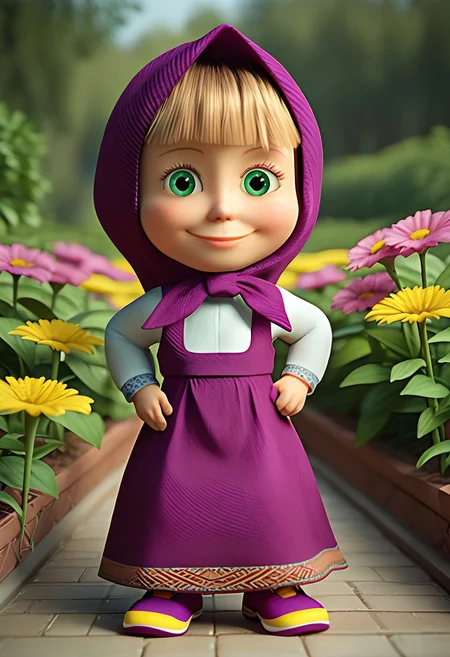 score_9, score_8_up, score_7_up BREAK midjourneylora MashaB, 1girl, short blonde hair, blunt bangs, green eyes, buckteeth, purple headdress, sleeveless purple dress, long-sleeved white shirt, purple shoes, yellow outsoles, source_3d, 3d, photorealistic, full body, solo, solo focus, alone, happy at viewer, flower garden background, flower garden outdoors,