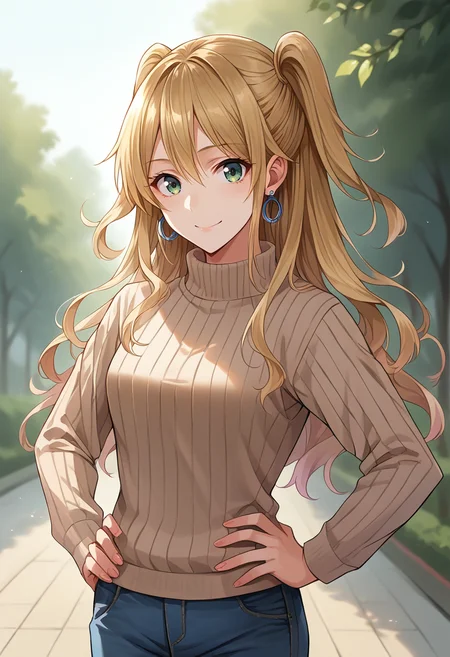 score_9, score_8_up, source_anime, 1girl, solo, YuzuAihara, long hair, two side up, earrings, outdoors, sweater, ribbed sweater, jeans, hands on hips, smile, <lora:ChamYuzuAiharaPonyXL:1>
