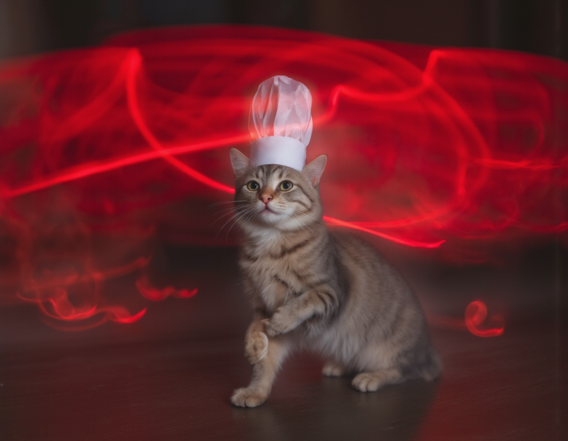 <lora:{blur, }Blur-000018:0.85> blur, Comical long exposure shot, cat wearing a tiny chef's hat chasing a laser pointer, room lights blurred, trails of red light, high-speed motion, funny expression, Sony Î±7 III, 50mm lens, f/1.8, ISO 1600. . 35mm photograph, film, bokeh, professional, 4k, highly detailed