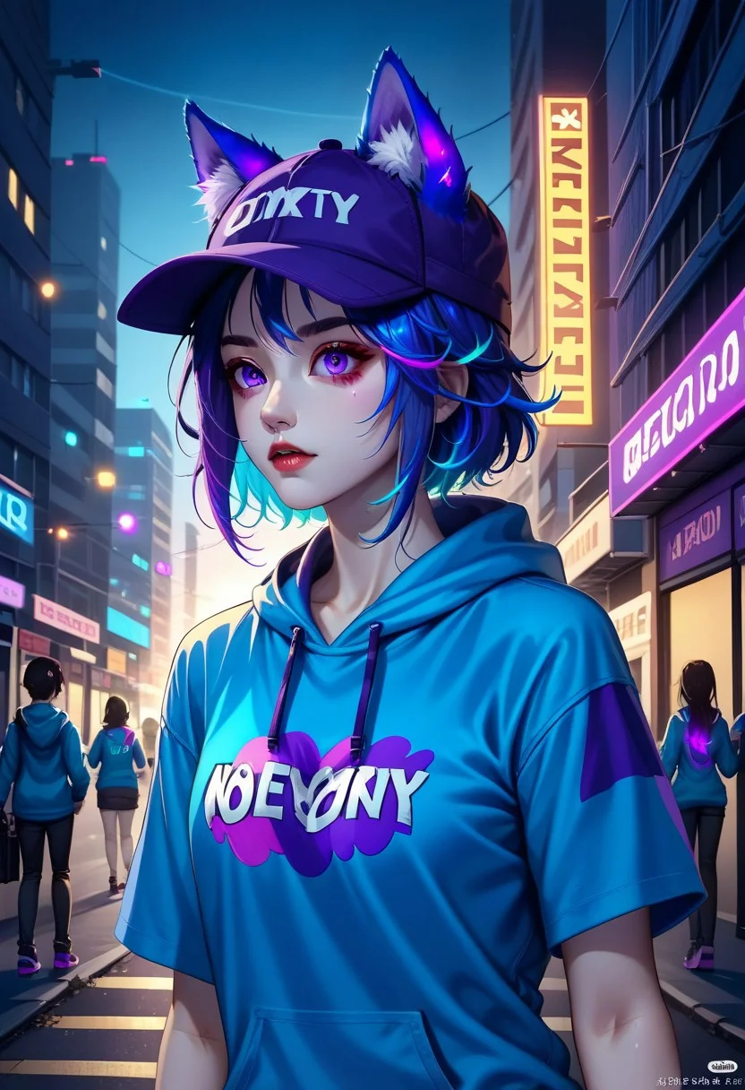 c0ll4nd3r style, 1girl, ultra detailed, extremely detailed, sharp focus, 1girl, short blue hair with purple streak, purple eyes, hat, t-shirt, pastel blue hoodie, wolf ears, animal ears, flowers blooming around her, shiny, glitter, more prism, vibrant color, cinematic angle, cinematic lighting, source_anime, CityBG_PDXL PonyXLV6_Scores