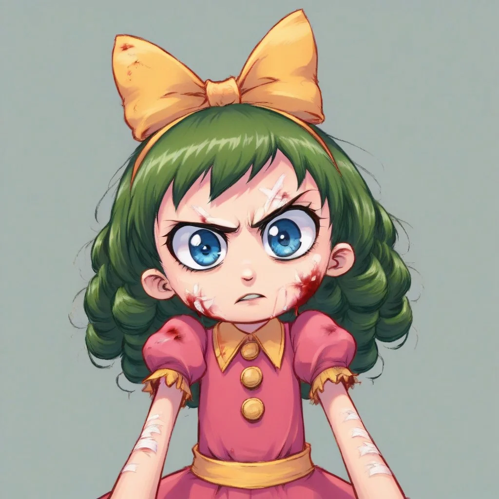 1girl, gertrude, green hair, blue eyes, bow, dress,
upper body, solo, looking at viewer, simple background, solid grey background, a thoughtful face, looking at nothing, whether covered in blood, covered in wounds, chromakey, despair, standing in a fighting position, about to attack, dynamic angle, extreme perspective