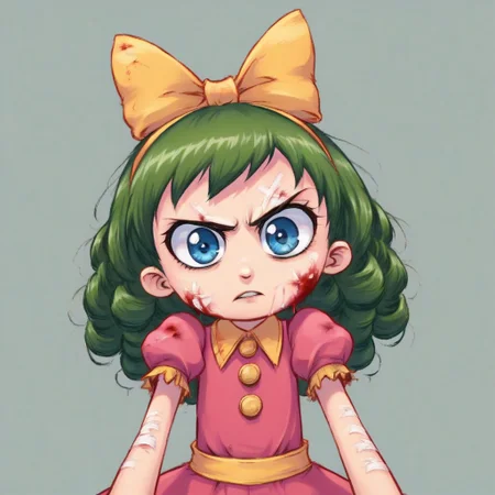 1girl, gertrude, green hair, blue eyes, bow, dress,
upper body, solo, looking at viewer, simple background, solid grey background, a thoughtful face, looking at nothing, whether covered in blood, covered in wounds, chromakey, despair, standing in a fighting position, about to attack, dynamic angle, extreme perspective