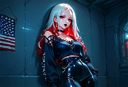 score_9,score_8_up,score_7_up, 1girl, solo, USA theme, rear angle, ultraviolet lighting, mourning, (american flag, black lipstick, silver jewelry, silver piercings, black mascara, black eyeshadow), (milf), (<lora:Underdye_hairstyle__Peekaboo_Hairstyle:1> underdye_hairstyle, two-tone hair,  White outer hair, Blue and Red inner hair),choker, (albino oiled skin), medium breasts, covered crotch, (leaning on wall), (<lora:checkpoint-e31_s310:1> american flagic, red white and blue with black lace),ephemeral dimension volcanic cavern USA background,  <lora:StarskyNChil_-_Style:1>