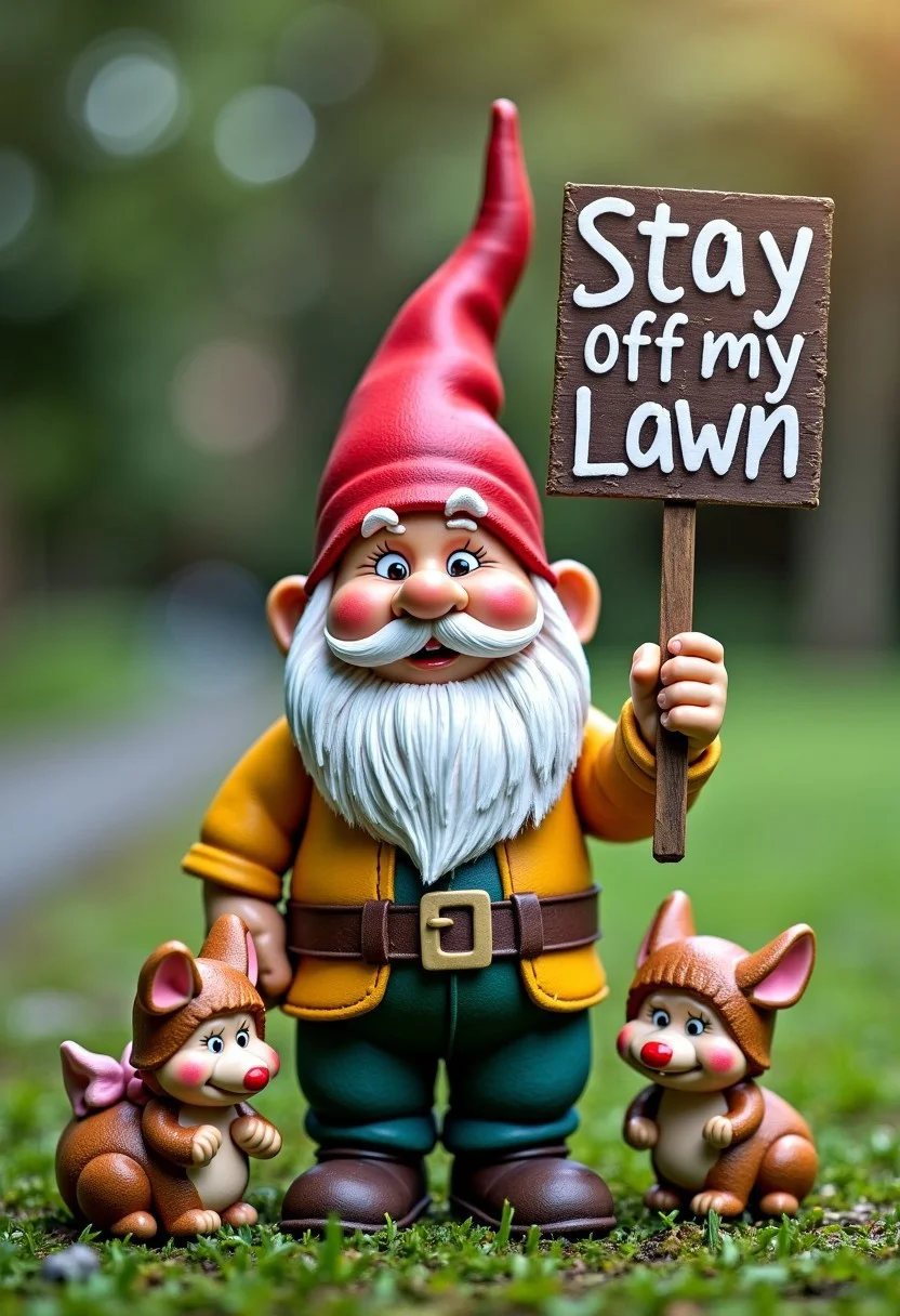 Lawn gnome standing among pixies holding a sign that reads "Stay off my lawn"