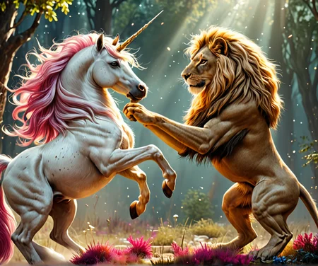 fantasy illustration,( unicorn, lion).blend (1.3, 0.5) fighting each other, high quality, extreme detail, cinematic film grain, vivid colors <lora:unicorn_xl_v1:1>
