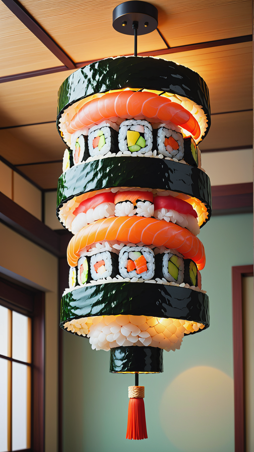 <lora:SushiStyleXL:1>SushiStyle ceiling lamp, made out of sushi, sashimi, rice, (japanese:0.5), crafted with sushi, (Masterpiece:1.3) (best quality:1.2) (high quality:1.1)