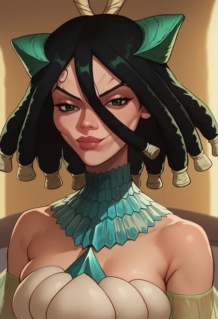 score_9, score_8_up, score_7_up,  1girl, Kirisame, green eyes, black hair, dreadlocks, hair between eyes, green hair ornament, necklace, crystal, see-through dress, long dress, bare shoulders, brooch, <lora:KirisameDrStone_XLPD:1>, <lora:KzyGuyMeme:1> SkylerWhiteYo, closed mouth, smile, lips, upper body,