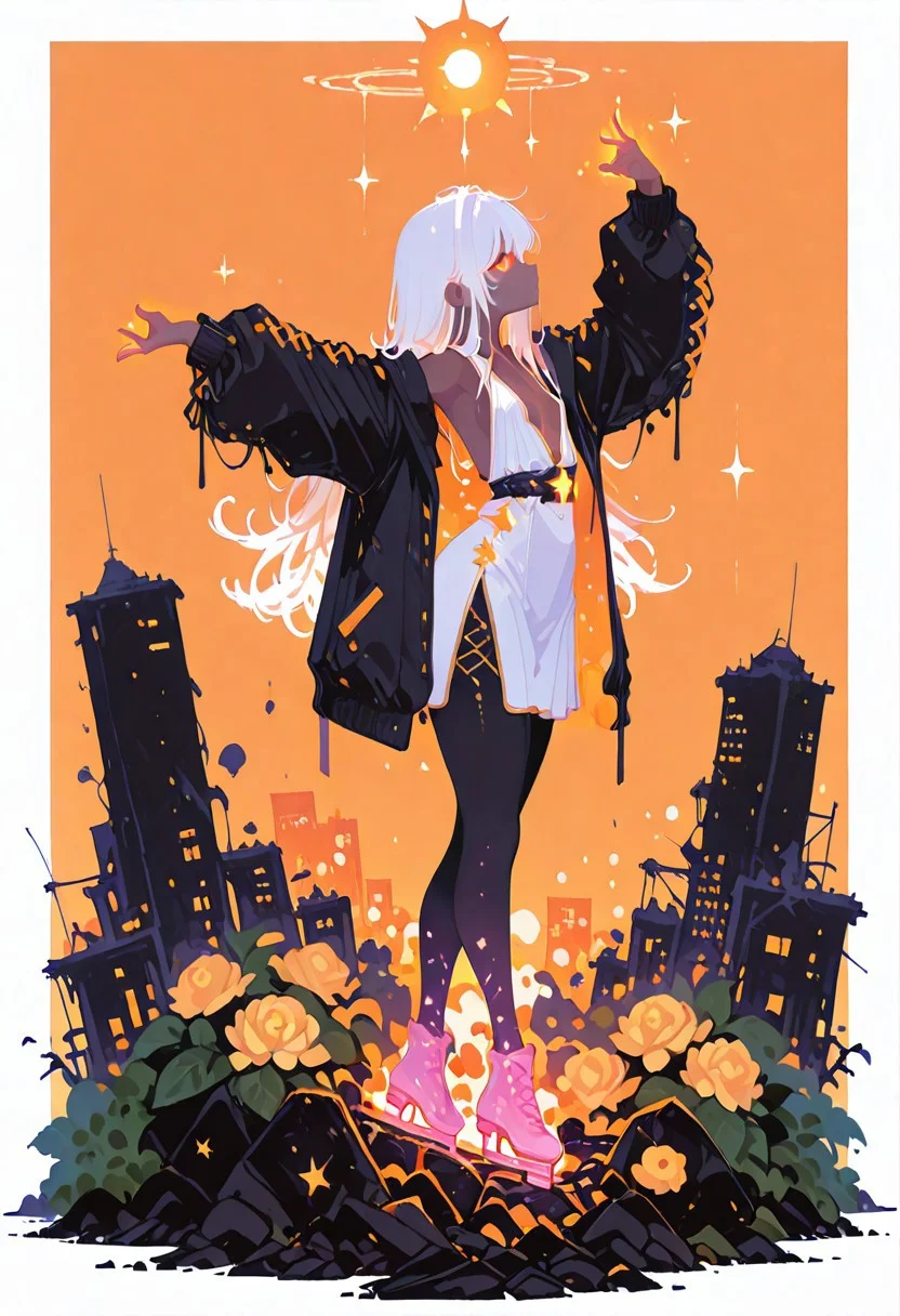 masterpiece, best quality, good quality, newest, highres, absurdres, 
goddess dress,cleavage,plunging neckline,
full body shot, 1girl, solo, from side, ((from above)) , dark skin, looking side, inner hair color, white hair , gradient hair,
long hair, messed hair , orange  eyes,
, ultra detailed eyes, flat chest  , [[[abs]]],
nurse outfit, medium  skirt, thick black pantyhose, pumps
, oversized sports jacket, Yellow roses, gradient orange background with thick white border, star, sun,  balloons, drooping breasts, soft breasts, thick hips, thin, pink skates, skating smoothly,
Dynamic pose, sexy pose, 
hydrangea, laced sleeves, Ethereal Brushstroke, Flat vector illustration,
Dynamic pose, sexy pose,
<lora:energy_beam:0.9> solo, energy_beam from hand, magic, pushing, fighting stance, standing in the middle of destroyed buildings, day time,